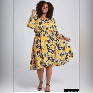 Beauti Curve Lane Bryant Yellow Floral V-Neck Midi Dress Size 14/16 NWT